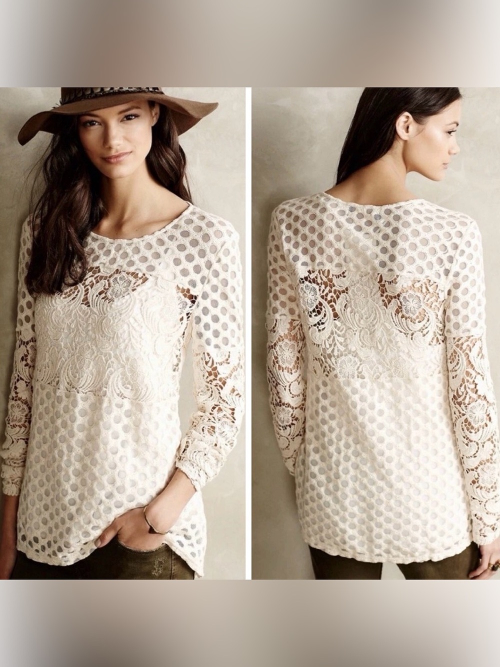 Esley Sheer Embroidered Cotton Mesh Lace Cream Boho Chic Long Sleeve Top Large